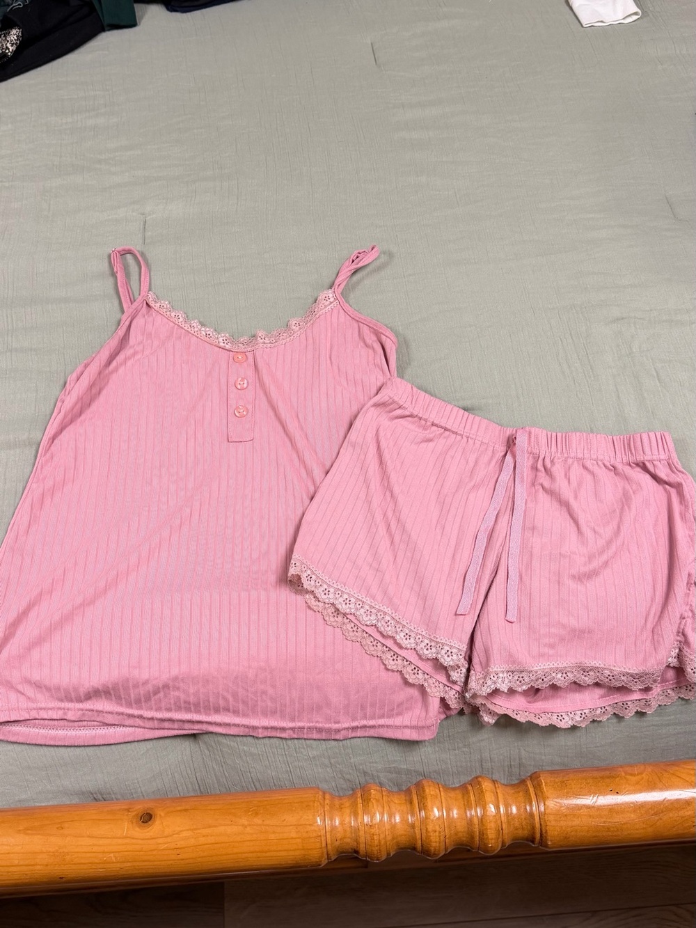 Pink Lace-Trim Ribbed Cami & Shorts Sleep Set